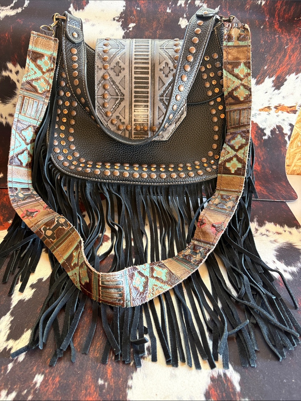 Trinity Ranch Fringed Studded Leather Shoulder Bag with Montana West Wallet